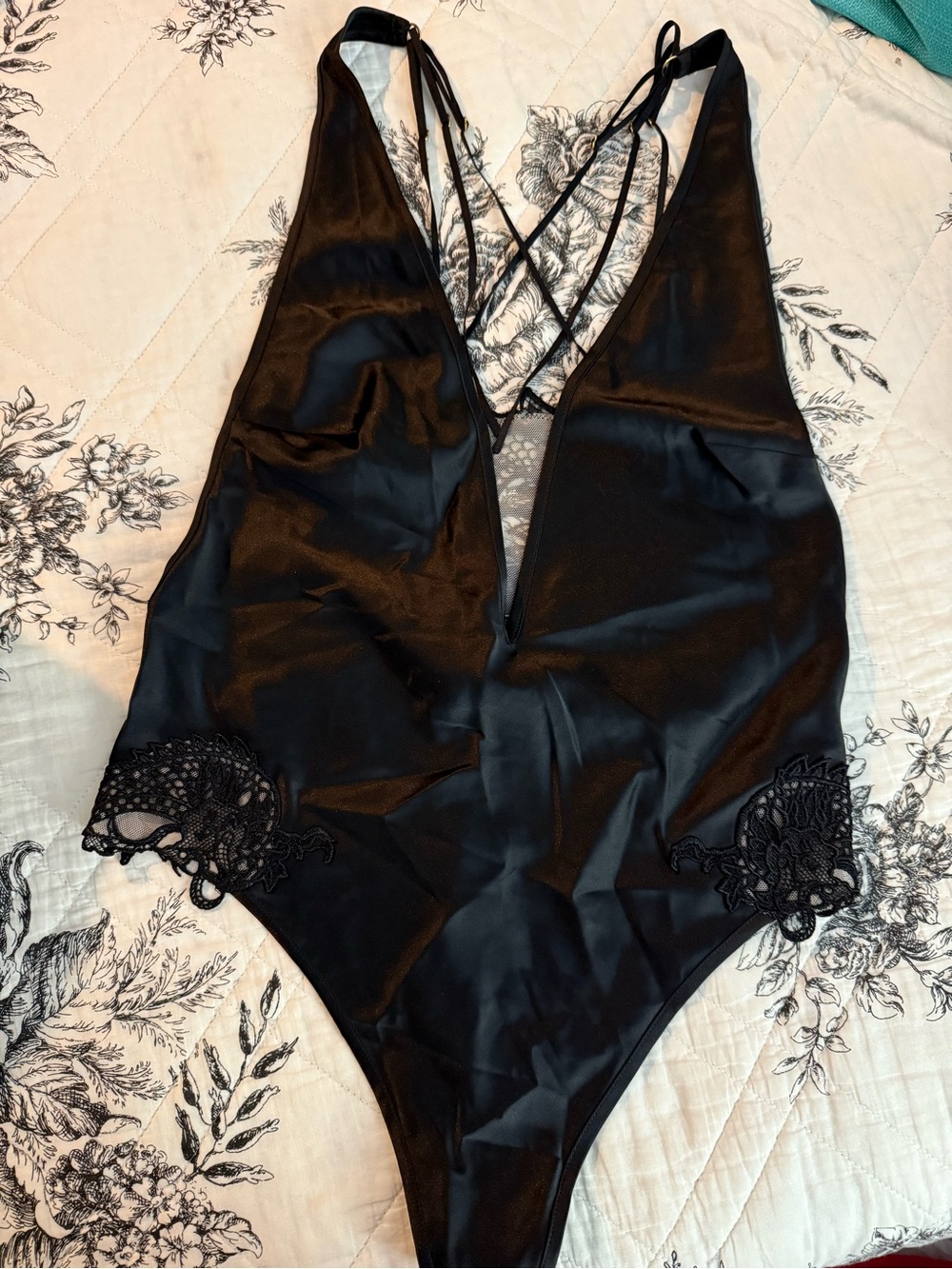 Victoria's Secret Black Lace-Trim Satin V-Neck Bodysuit